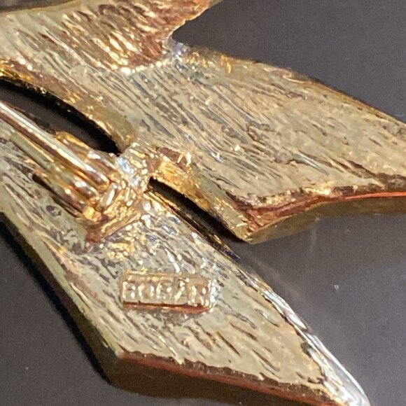 Vintage Bow Brooch Pin Signed Roman Estate Textured Gold Tone Metal Rhinestone R - Picture 7 of 16